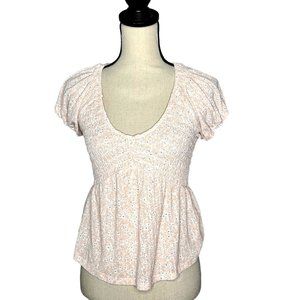 Evolutionary Pink Scoop Neck Short Puff Sleeve Smocked Bodice Babydoll Top Sz S